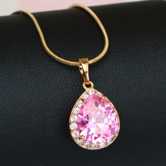 "Teardrop Pink Pendant with White Crystal Halo in Rose Gold Setting, XPPT1616 - Picture 1 of 13